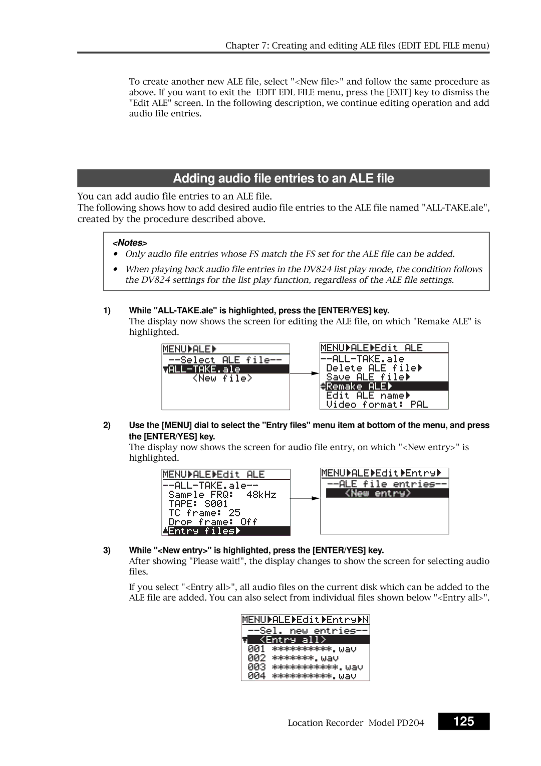 Fostex PD204 Adding audio file entries to an ALE file, 125, While ALL-TAKE.ale is highlighted, press the ENTER/YES key 