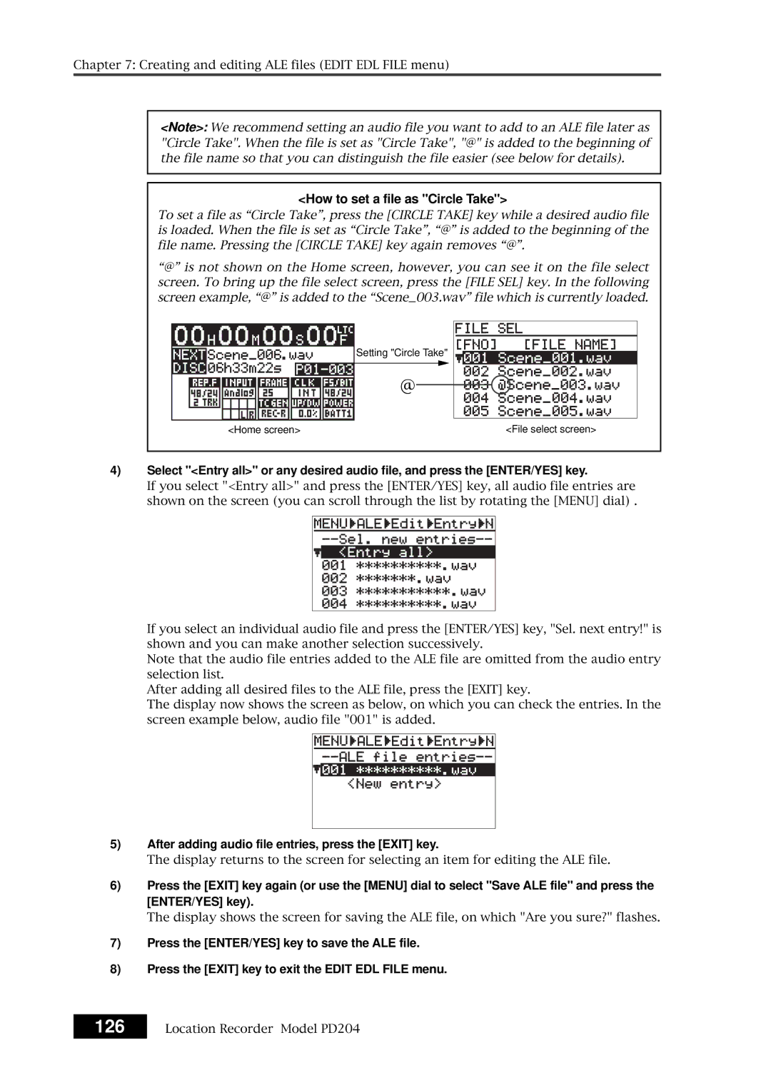 Fostex PD204 owner manual How to set a file as Circle Take, After adding audio file entries, press the Exit key 