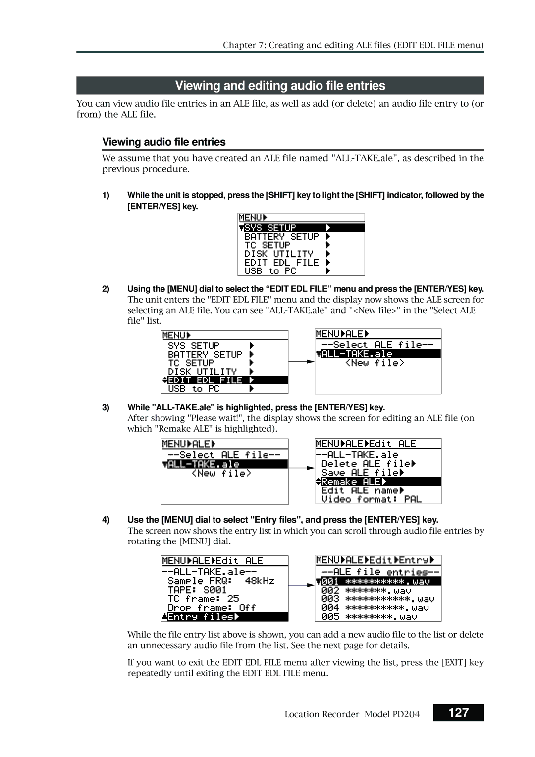 Fostex PD204 owner manual Viewing and editing audio file entries, 127, Viewing audio file entries 