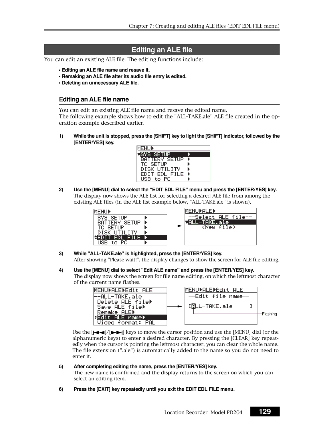 Fostex PD204 owner manual 129, Editing an ALE file name, After completing editing the name, press the ENTER/YES key 