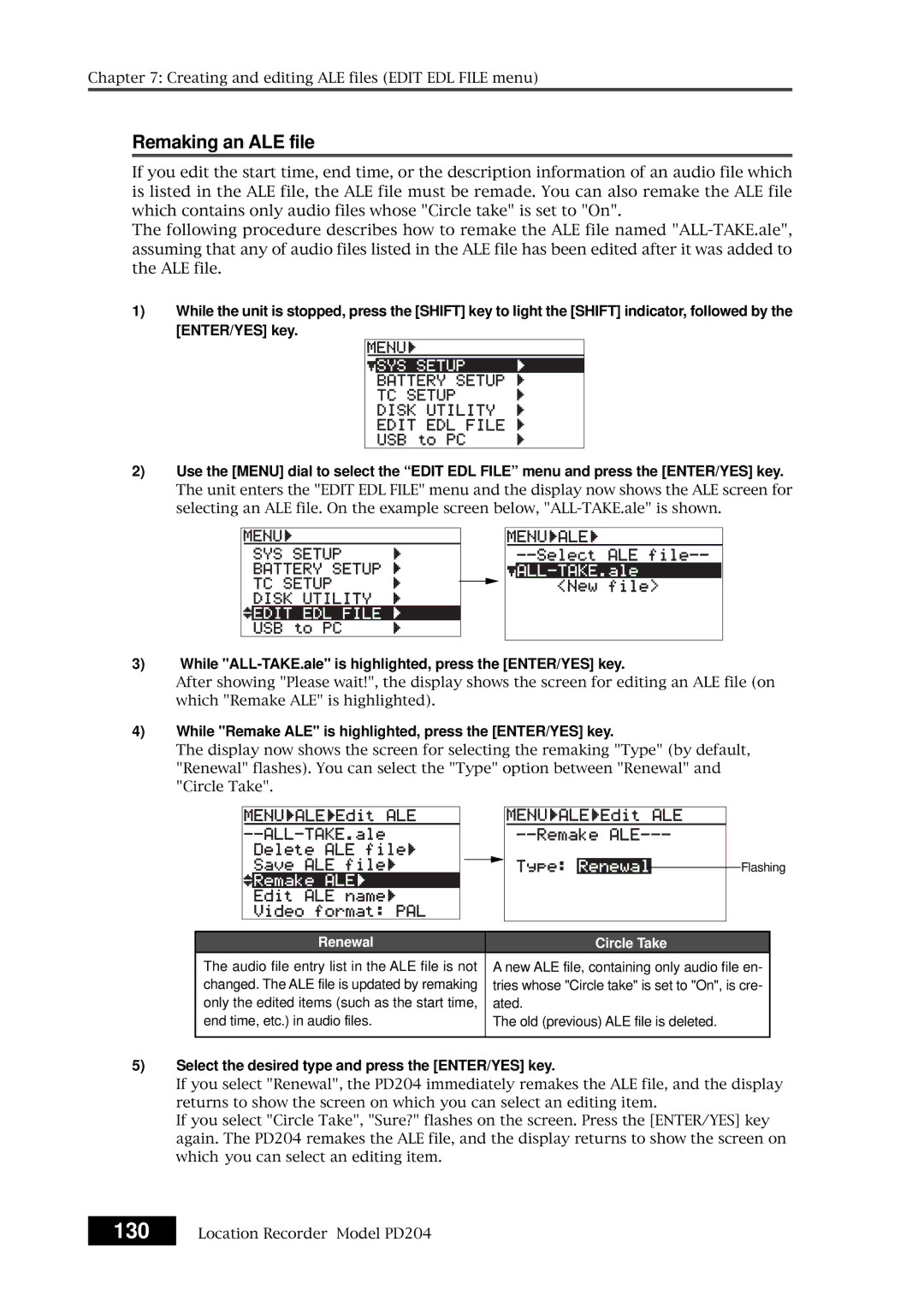 Fostex PD204 owner manual Remaking an ALE file, While Remake ALE is highlighted, press the ENTER/YES key 