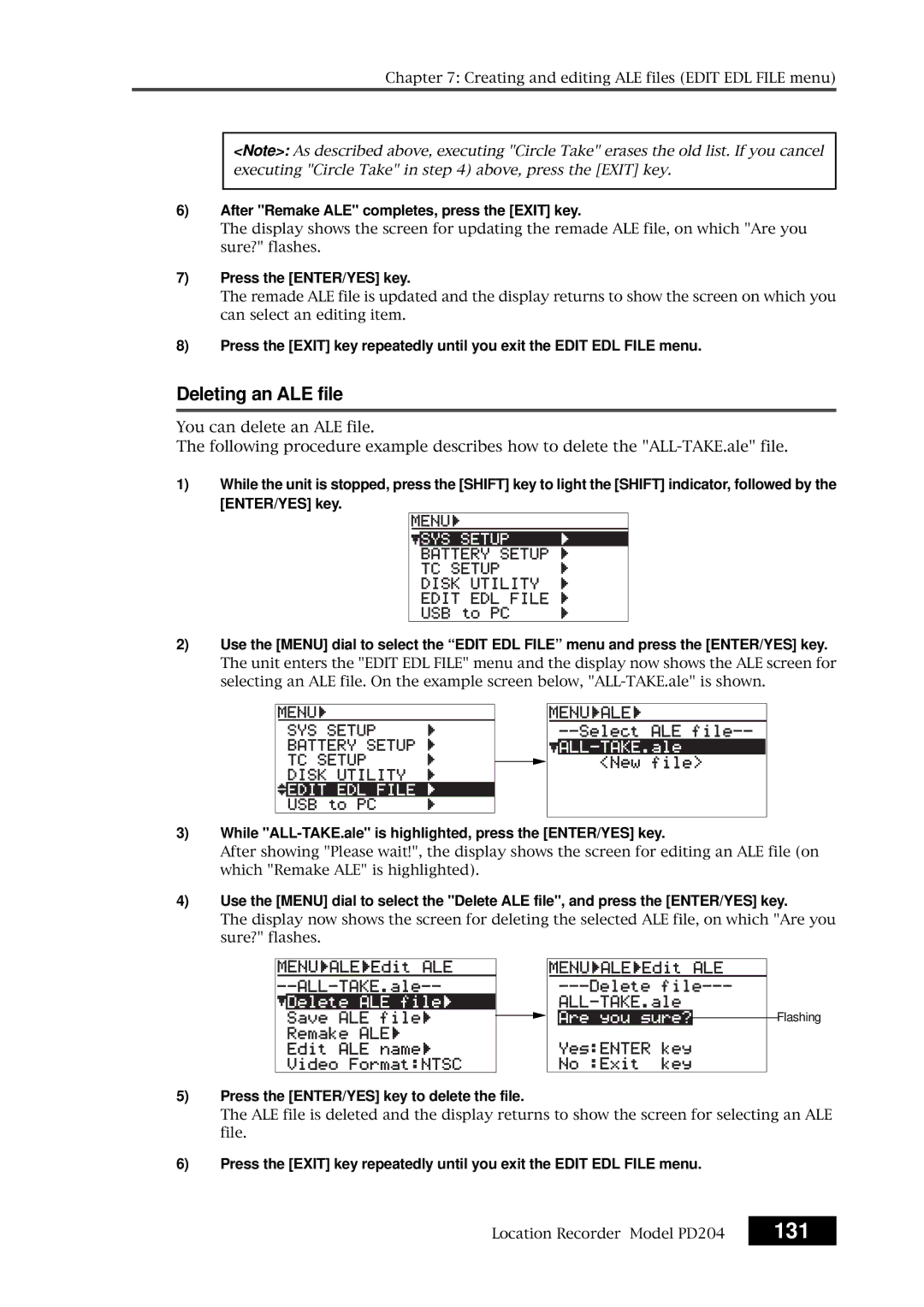 Fostex PD204 owner manual 131, Deleting an ALE file, After Remake ALE completes, press the Exit key 