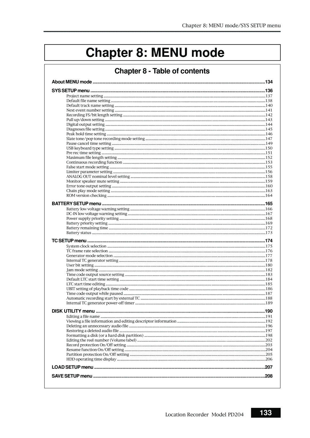 Fostex PD204 owner manual Menu mode, 133 