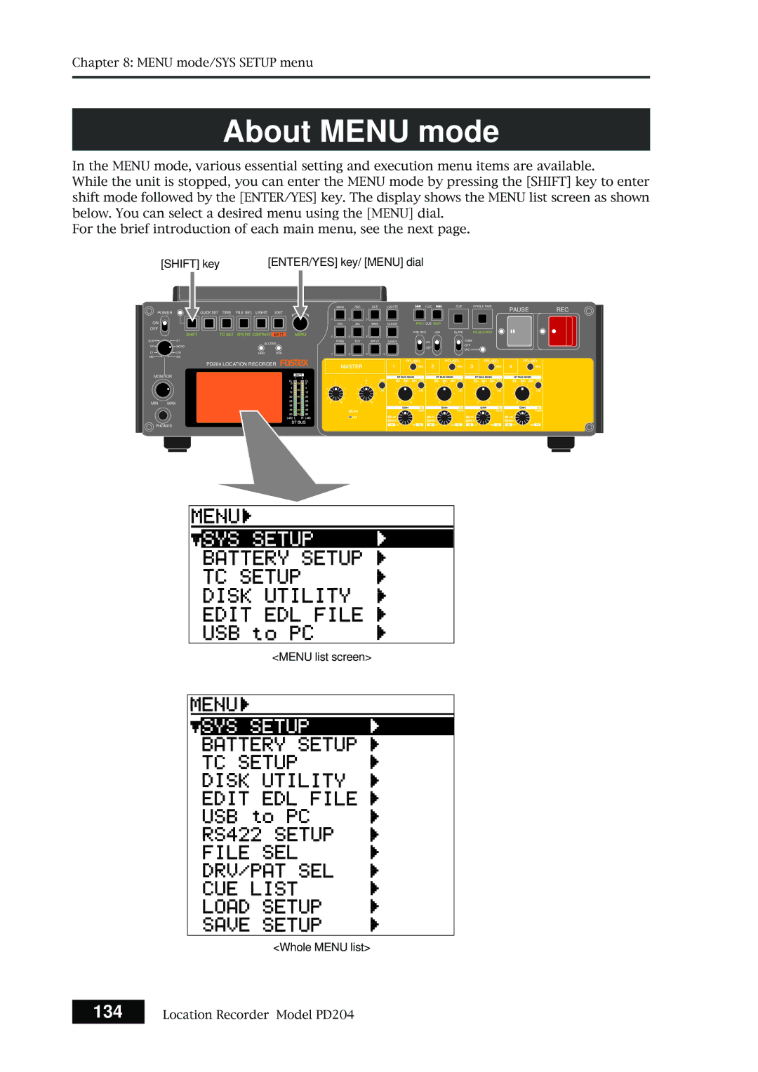 Fostex PD204 owner manual About Menu mode 