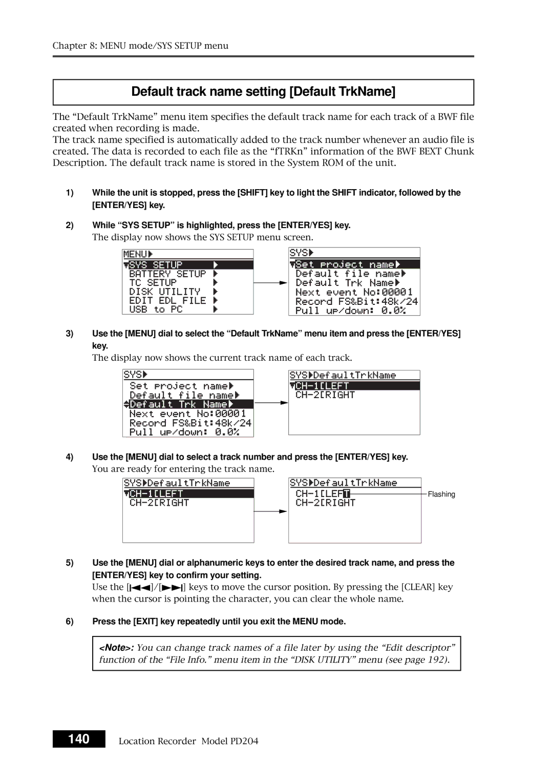 Fostex PD204 owner manual Default track name setting Default TrkName 