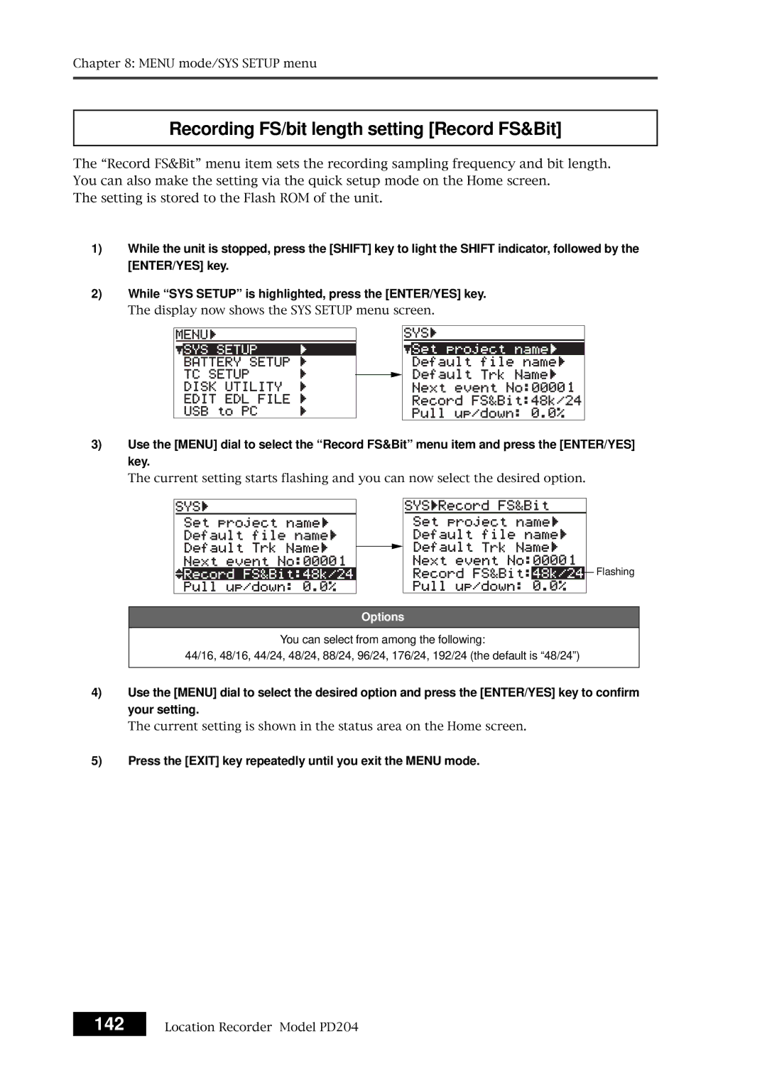 Fostex PD204 owner manual Recording FS/bit length setting Record FS&Bit 