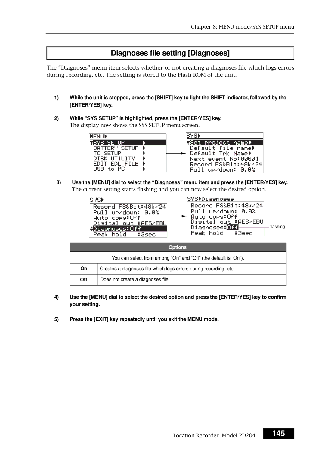 Fostex PD204 owner manual Diagnoses file setting Diagnoses, 145, Off Does not create a diagnoses file 