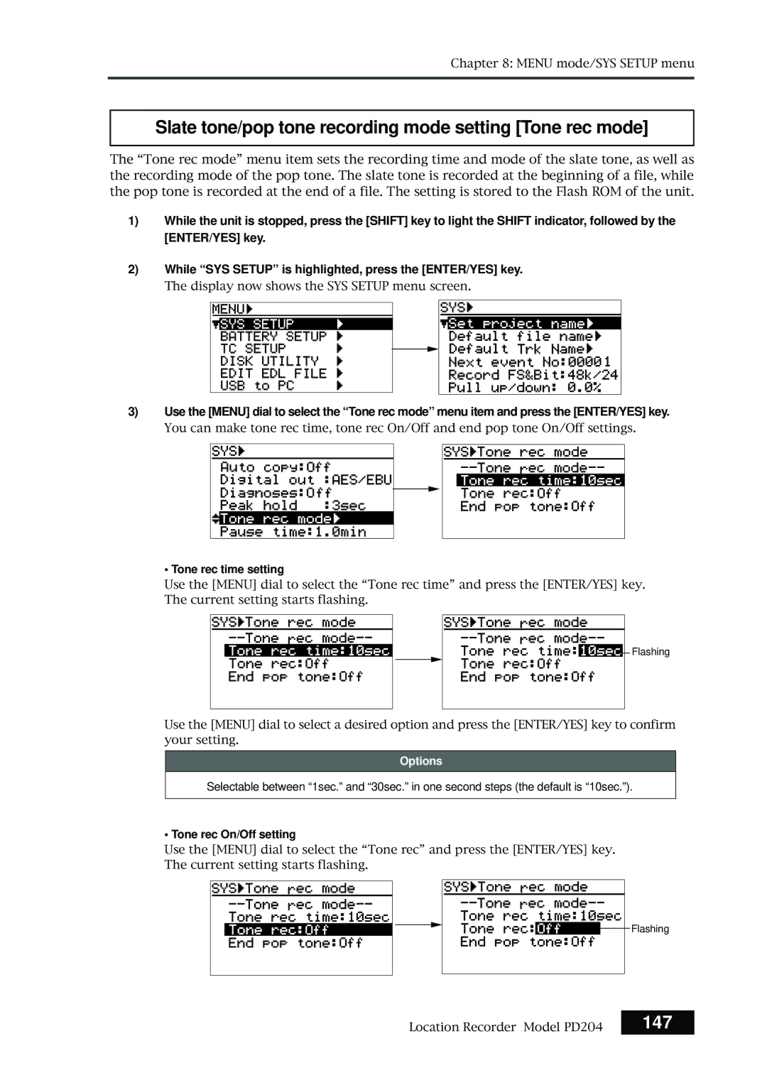 Fostex PD204 Slate tone/pop tone recording mode setting Tone rec mode, 147, Tone rec time setting, Tone rec On/Off setting 