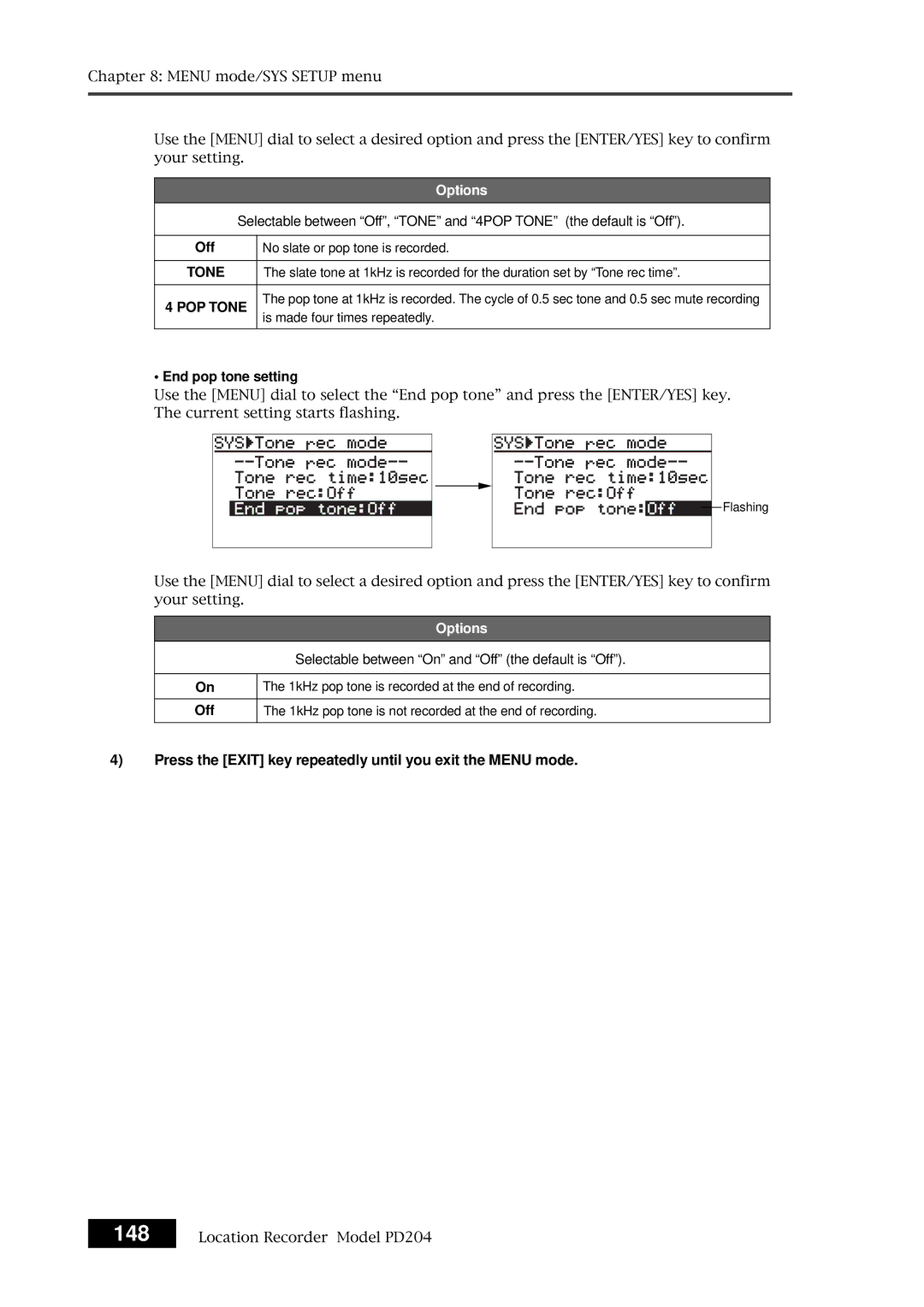 Fostex PD204 owner manual POP Tone, End pop tone setting 