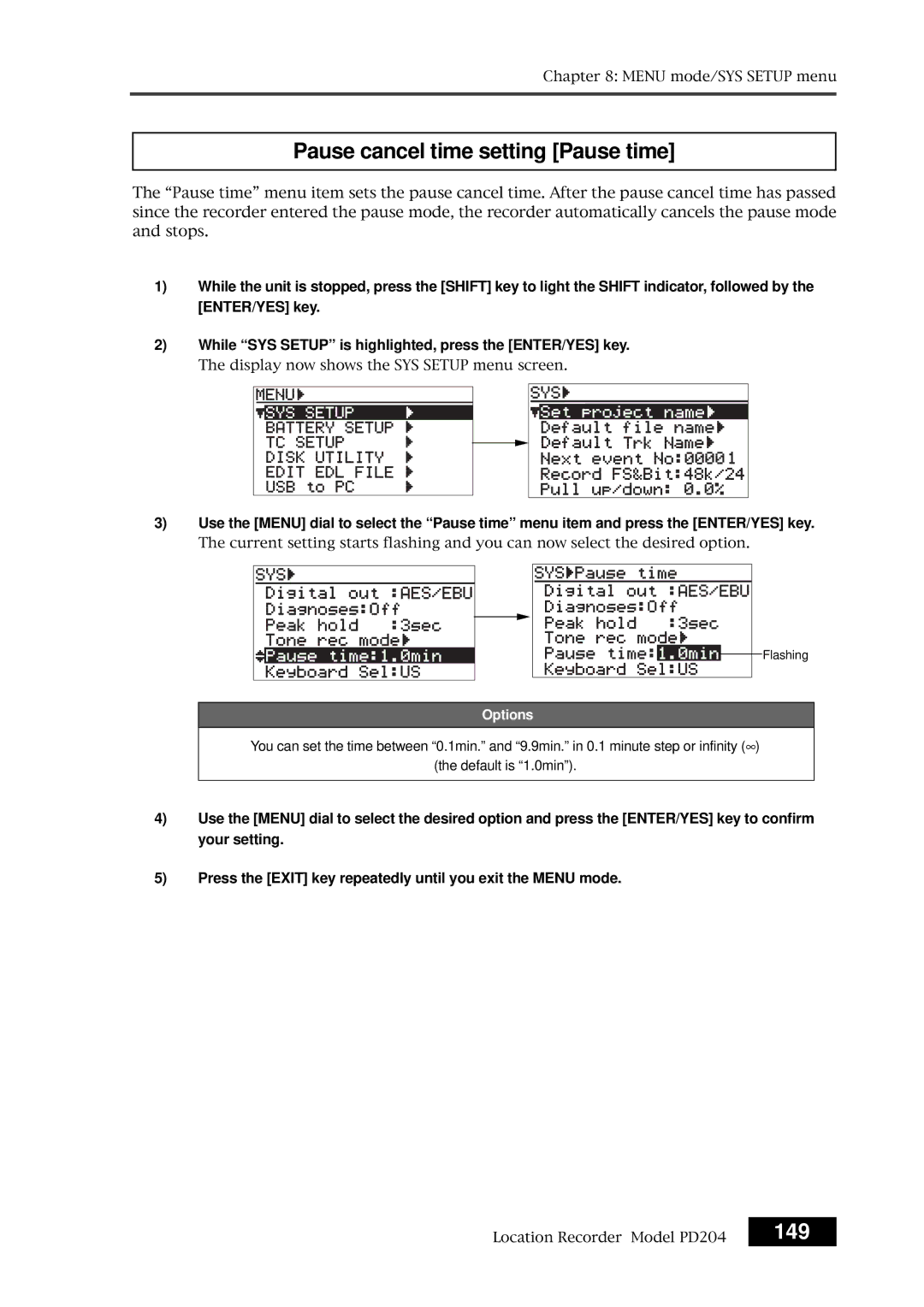 Fostex PD204 owner manual Pause cancel time setting Pause time, 149 