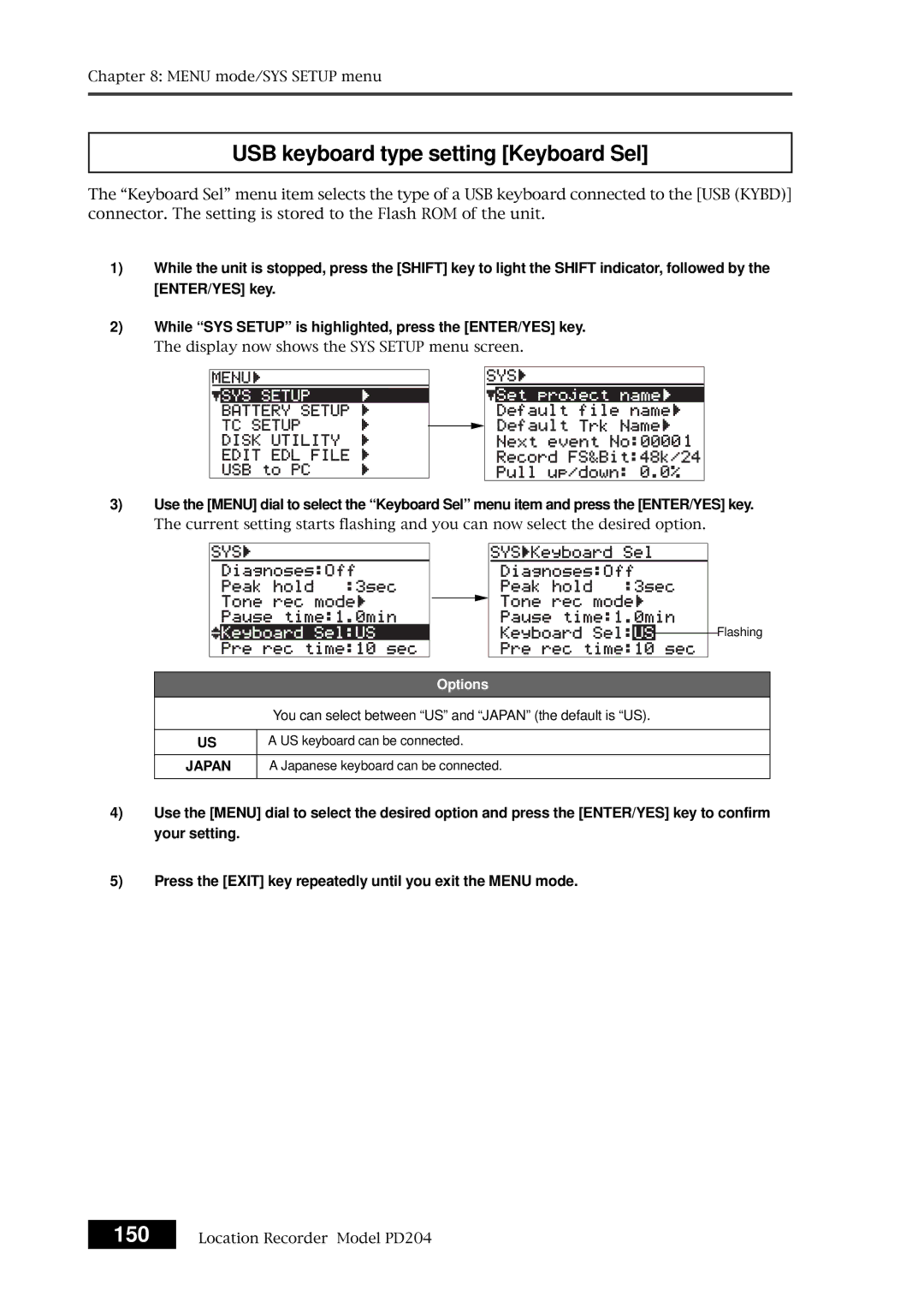 Fostex PD204 owner manual USB keyboard type setting Keyboard Sel 