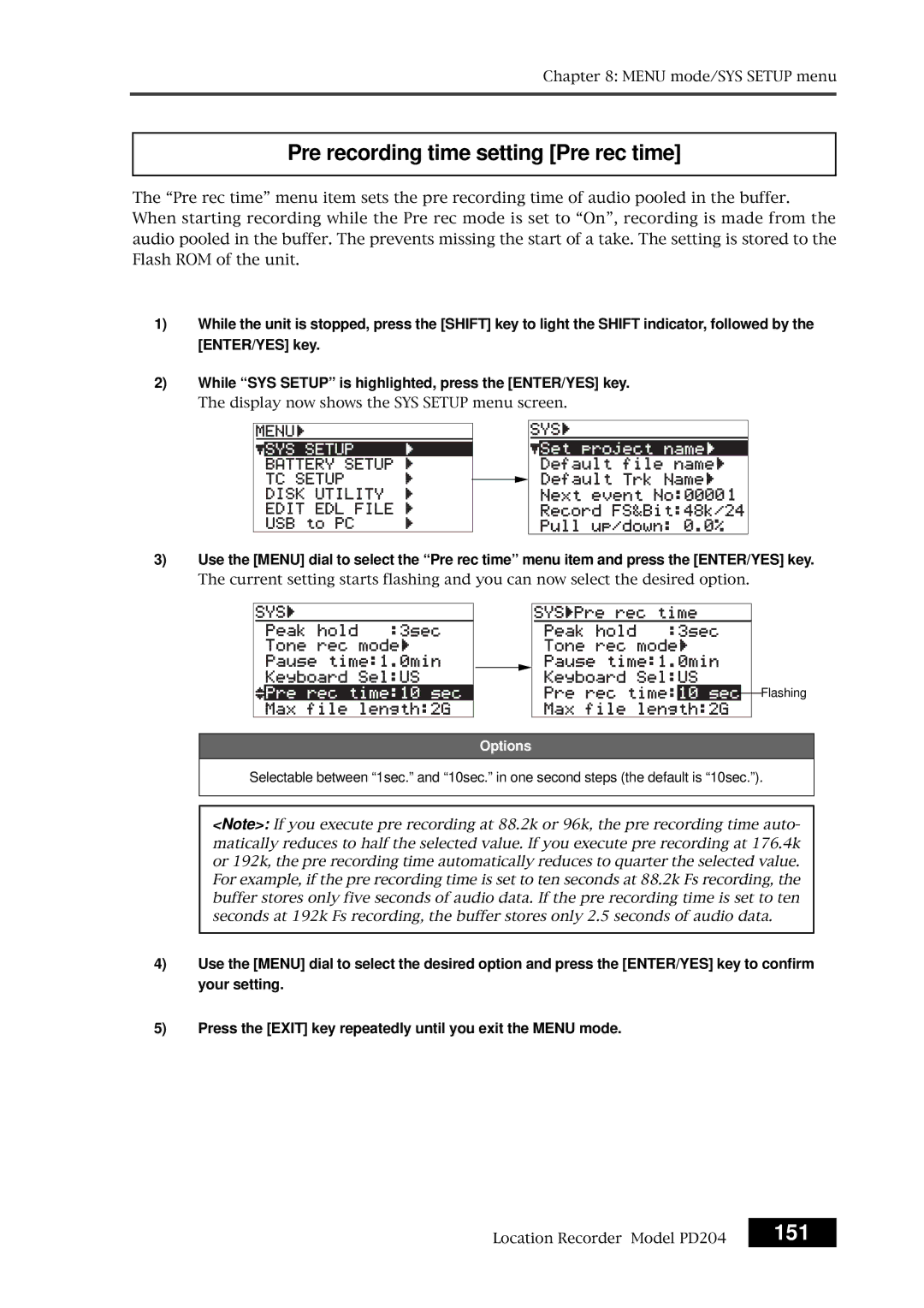 Fostex PD204 owner manual Pre recording time setting Pre rec time, 151 