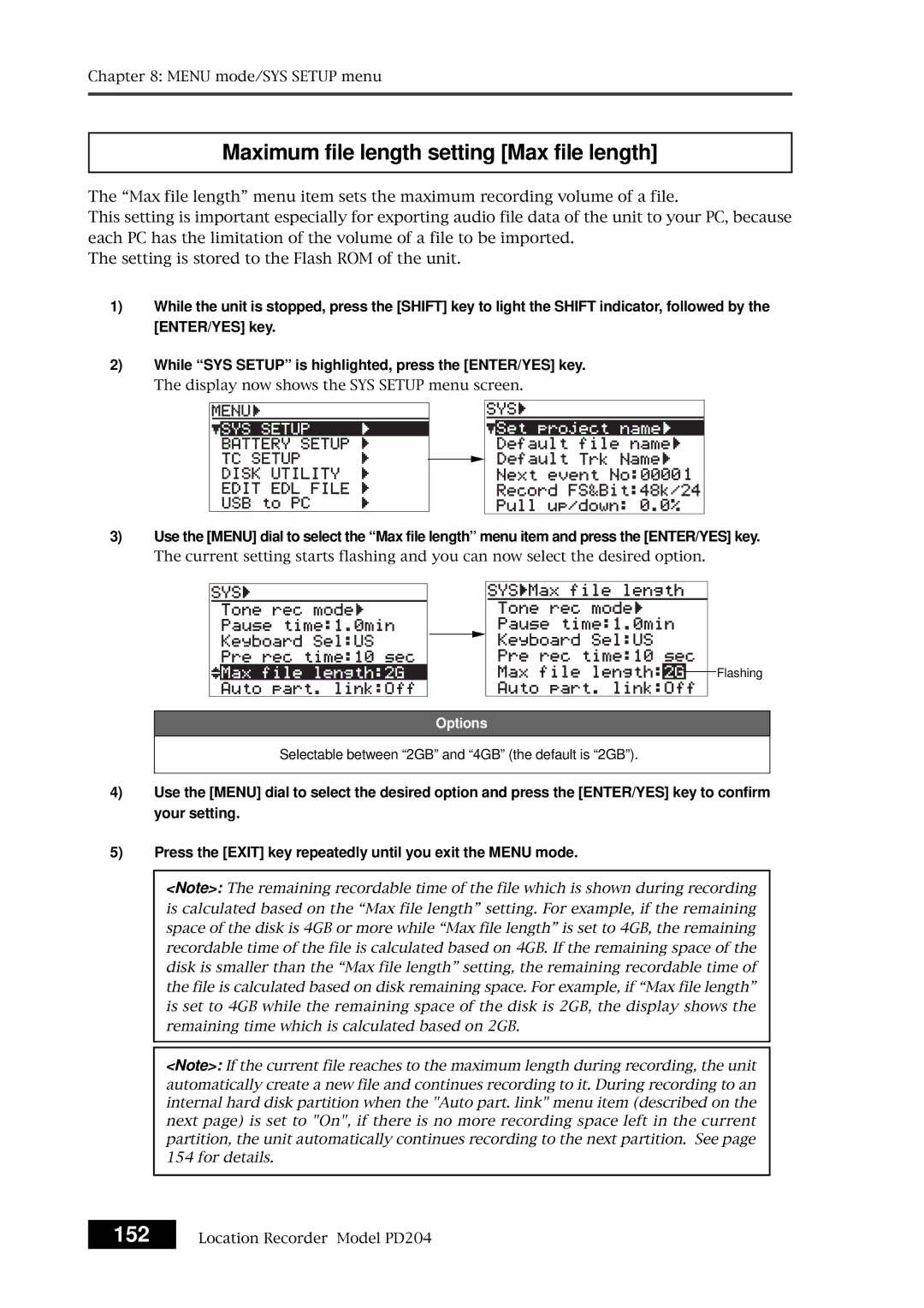 Fostex PD204 owner manual Maximum file length setting Max file length 