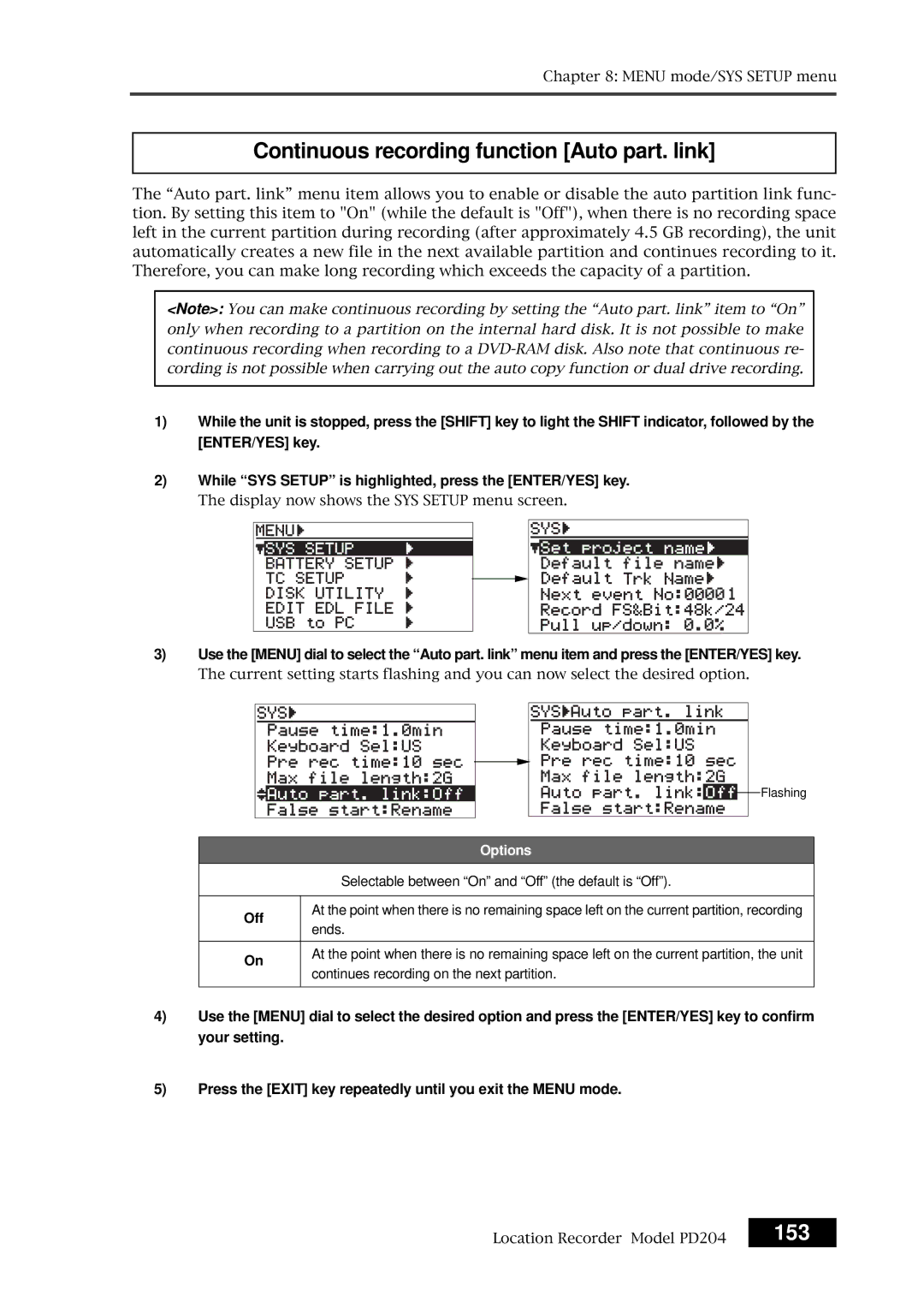 Fostex PD204 owner manual Continuous recording function Auto part. link, 153 