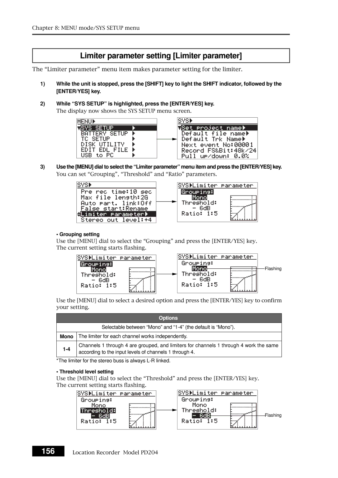 Fostex PD204 owner manual Limiter parameter setting Limiter parameter, Grouping setting, Threshold level setting 