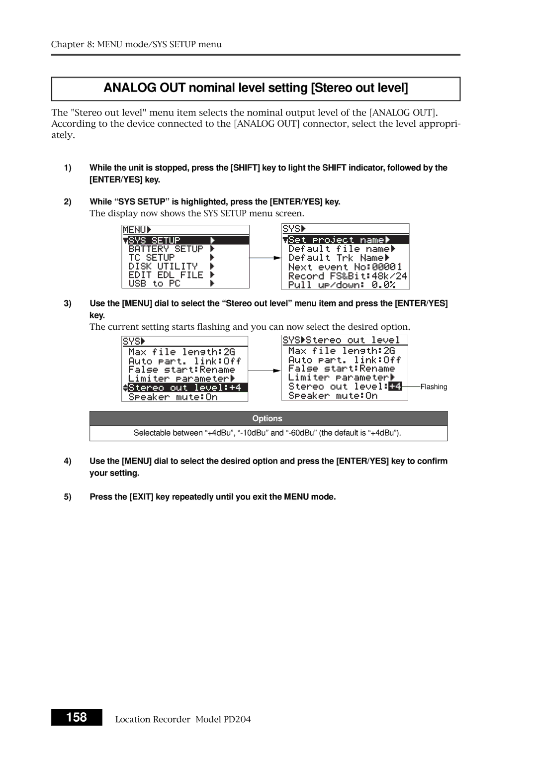 Fostex PD204 owner manual Analog OUT nominal level setting Stereo out level 