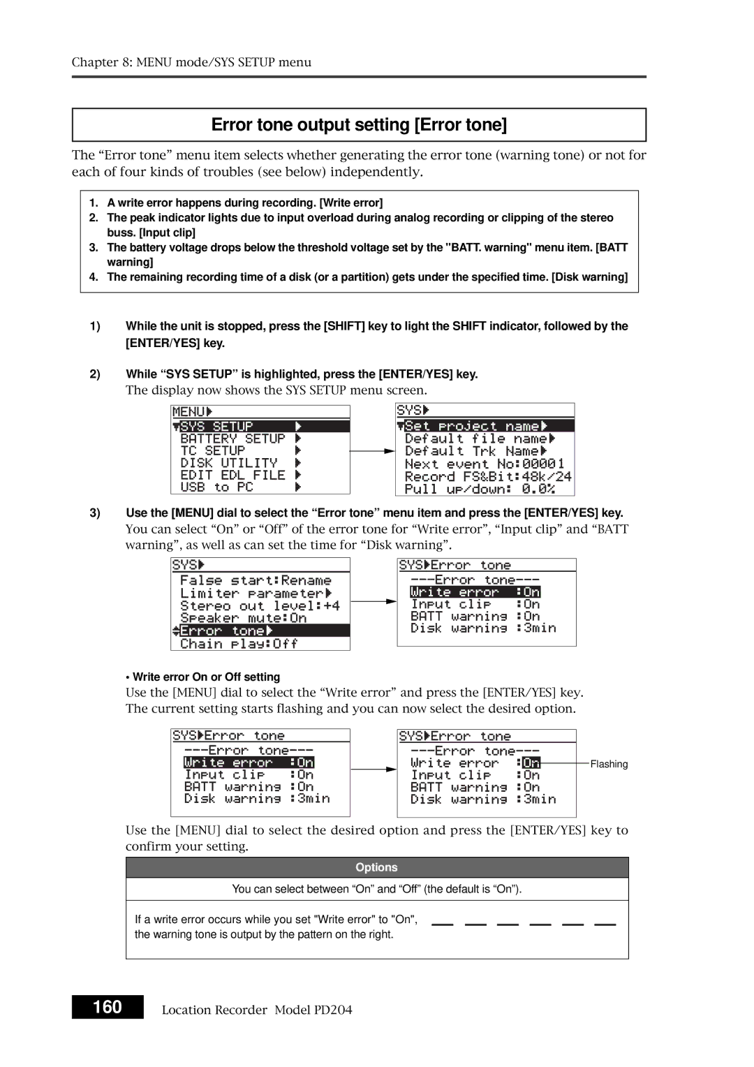 Fostex PD204 owner manual Error tone output setting Error tone, Write error On or Off setting 