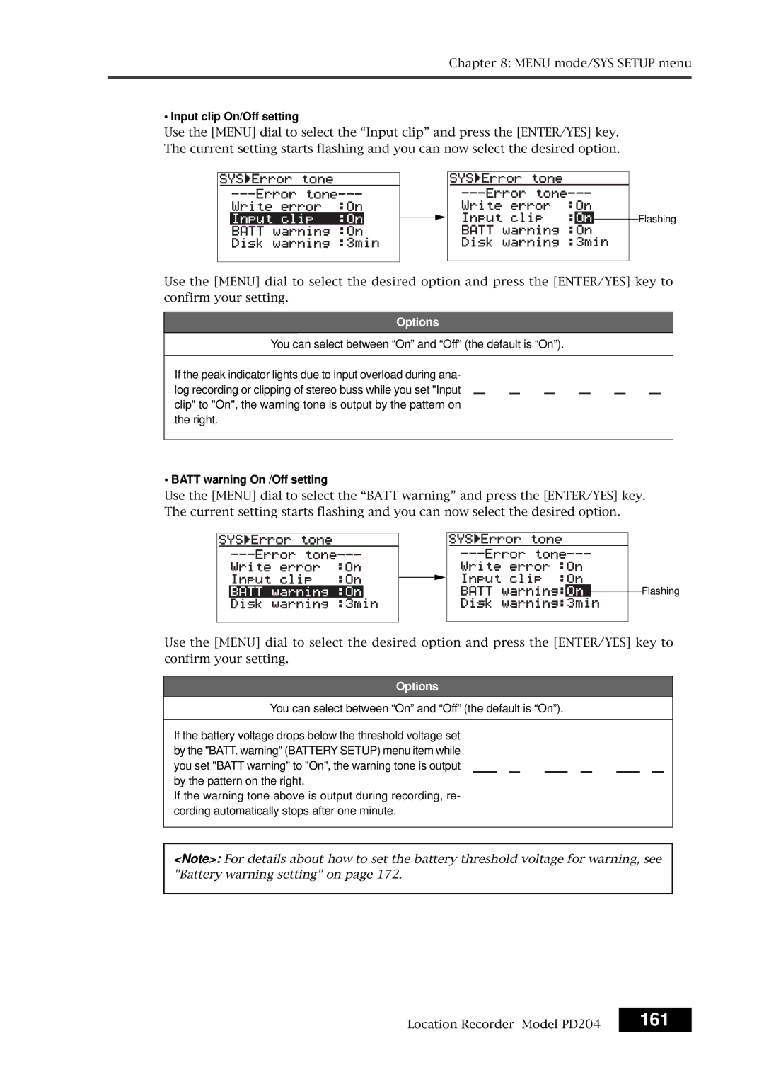 Fostex PD204 owner manual 161, Input clip On/Off setting, Batt warning On /Off setting 