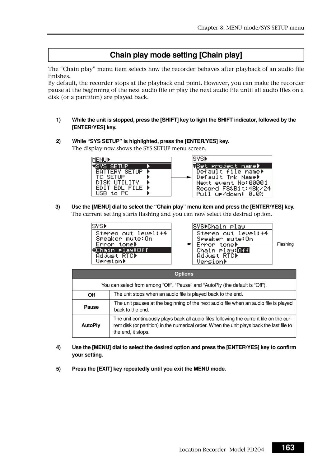 Fostex PD204 owner manual Chain play mode setting Chain play, 163, AutoPly 