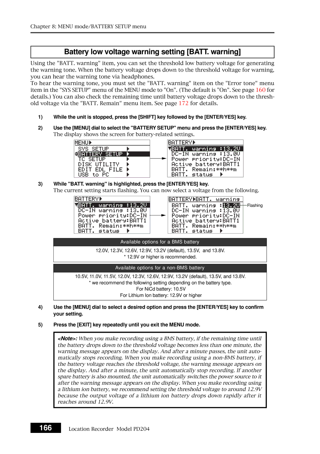 Fostex PD204 owner manual Battery low voltage warning setting BATT. warning 