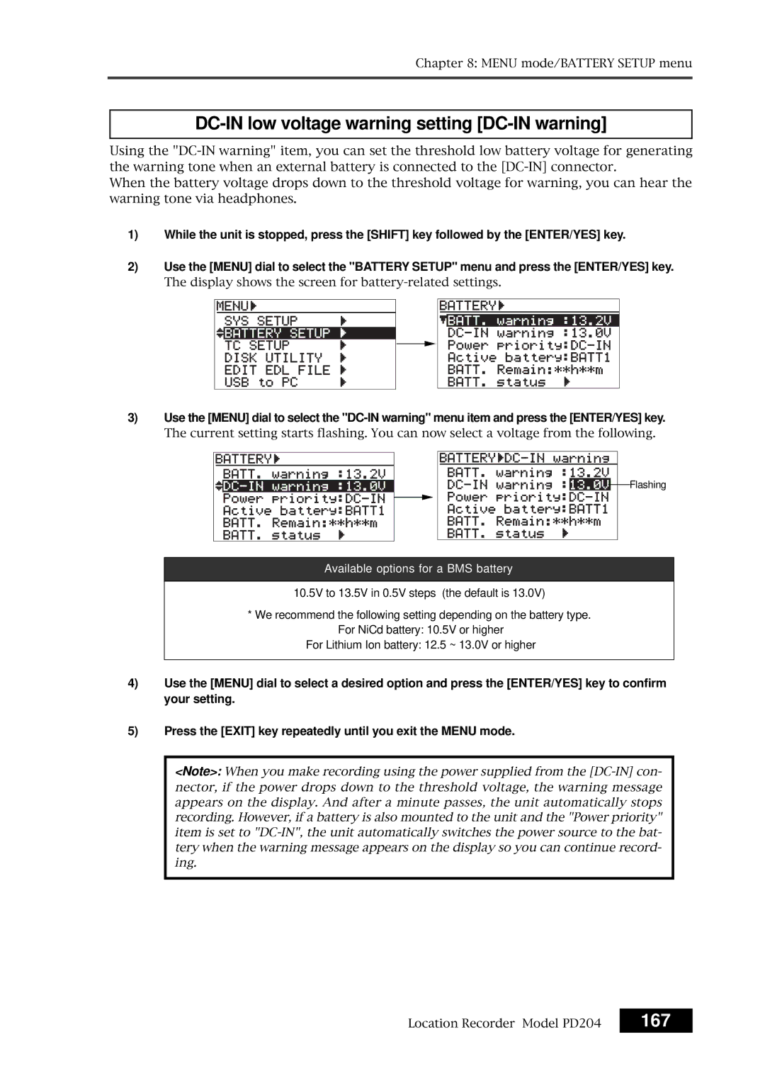 Fostex PD204 owner manual DC-IN low voltage warning setting DC-IN warning, 167 