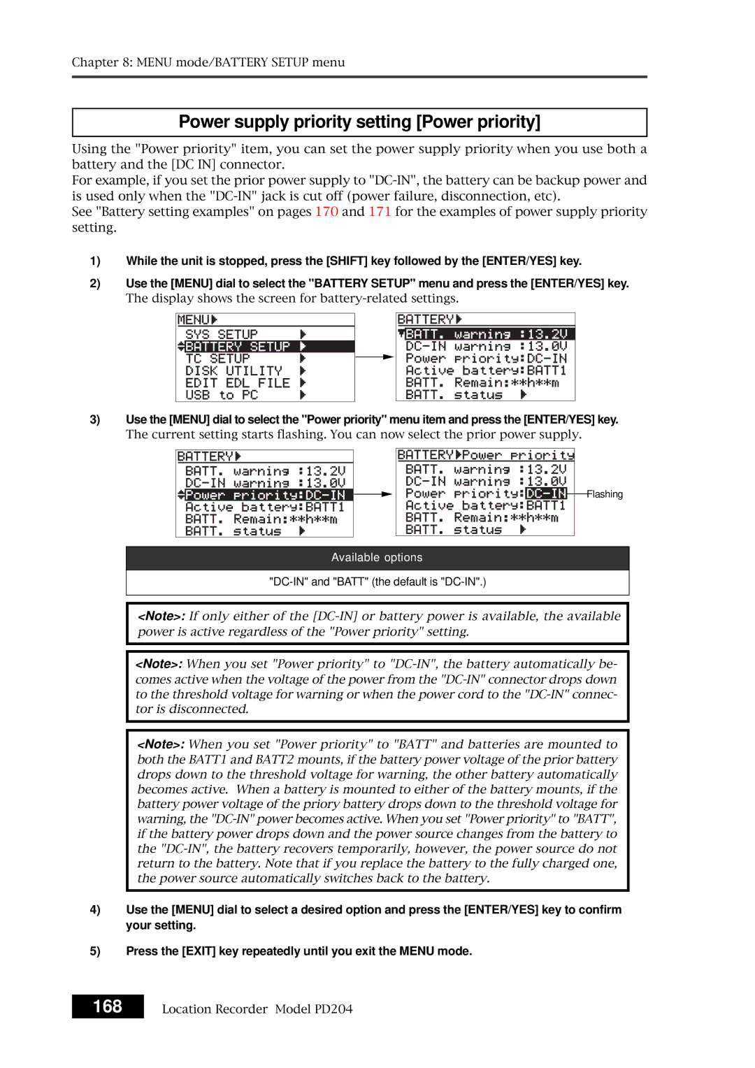 Fostex PD204 owner manual Power supply priority setting Power priority 