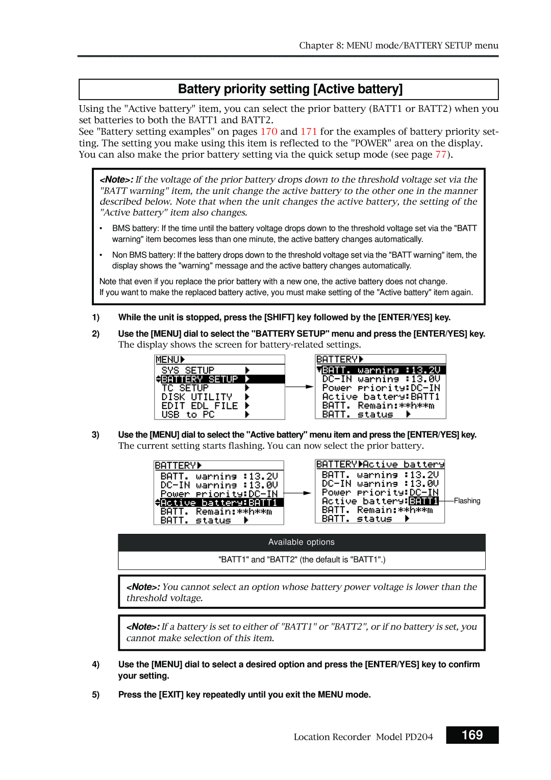 Fostex PD204 owner manual Battery priority setting Active battery, 169 