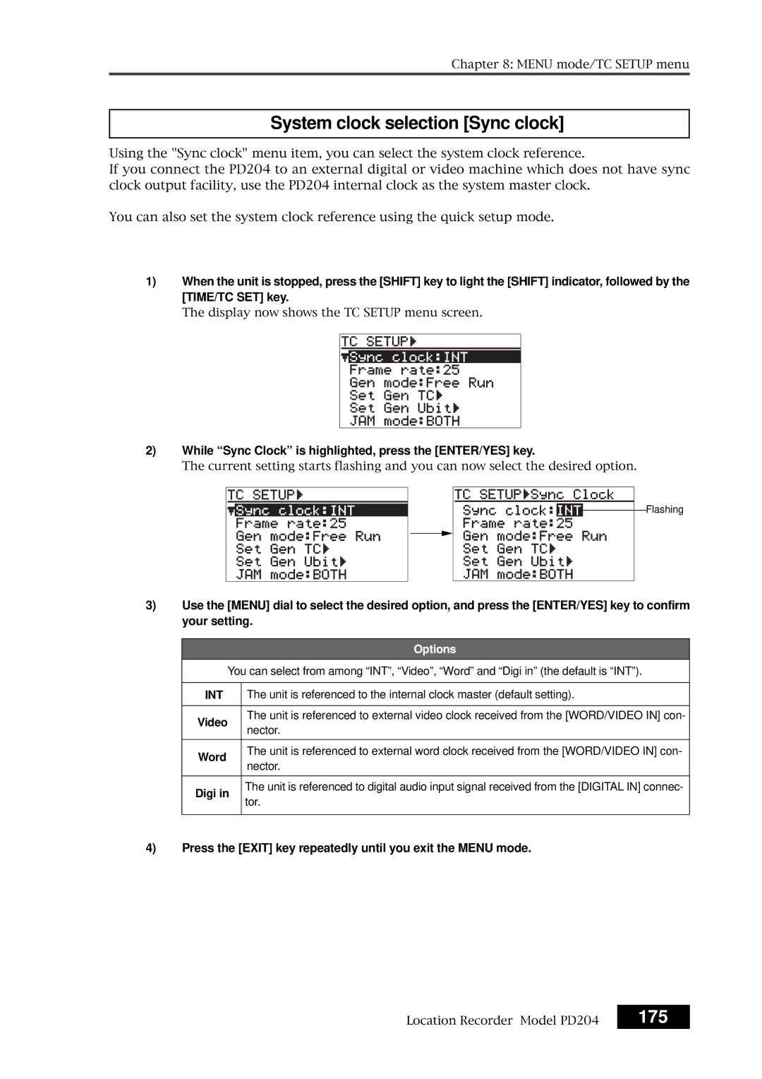 Fostex PD204 System clock selection Sync clock, 175, While Sync Clock is highlighted, press the ENTER/YES key, Video, Digi 