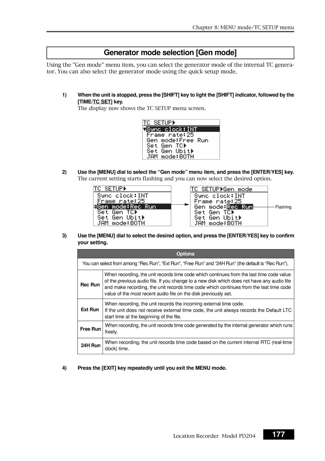 Fostex PD204 owner manual Generator mode selection Gen mode, 177, Ext Run, Free Run, 24H Run 