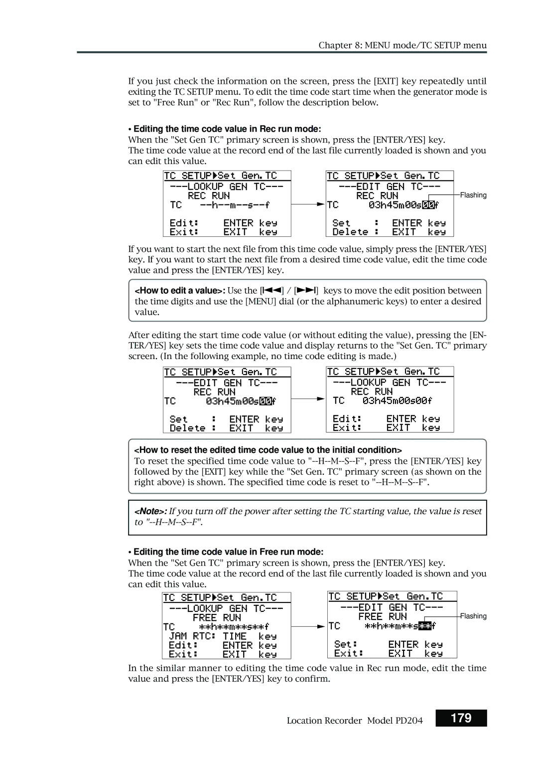 Fostex PD204 owner manual 179, Editing the time code value in Rec run mode, Editing the time code value in Free run mode 