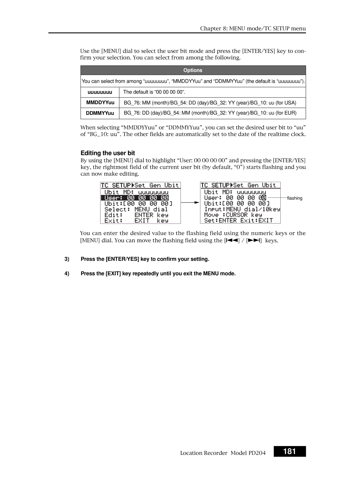 Fostex PD204 owner manual 181, Editing the user bit 