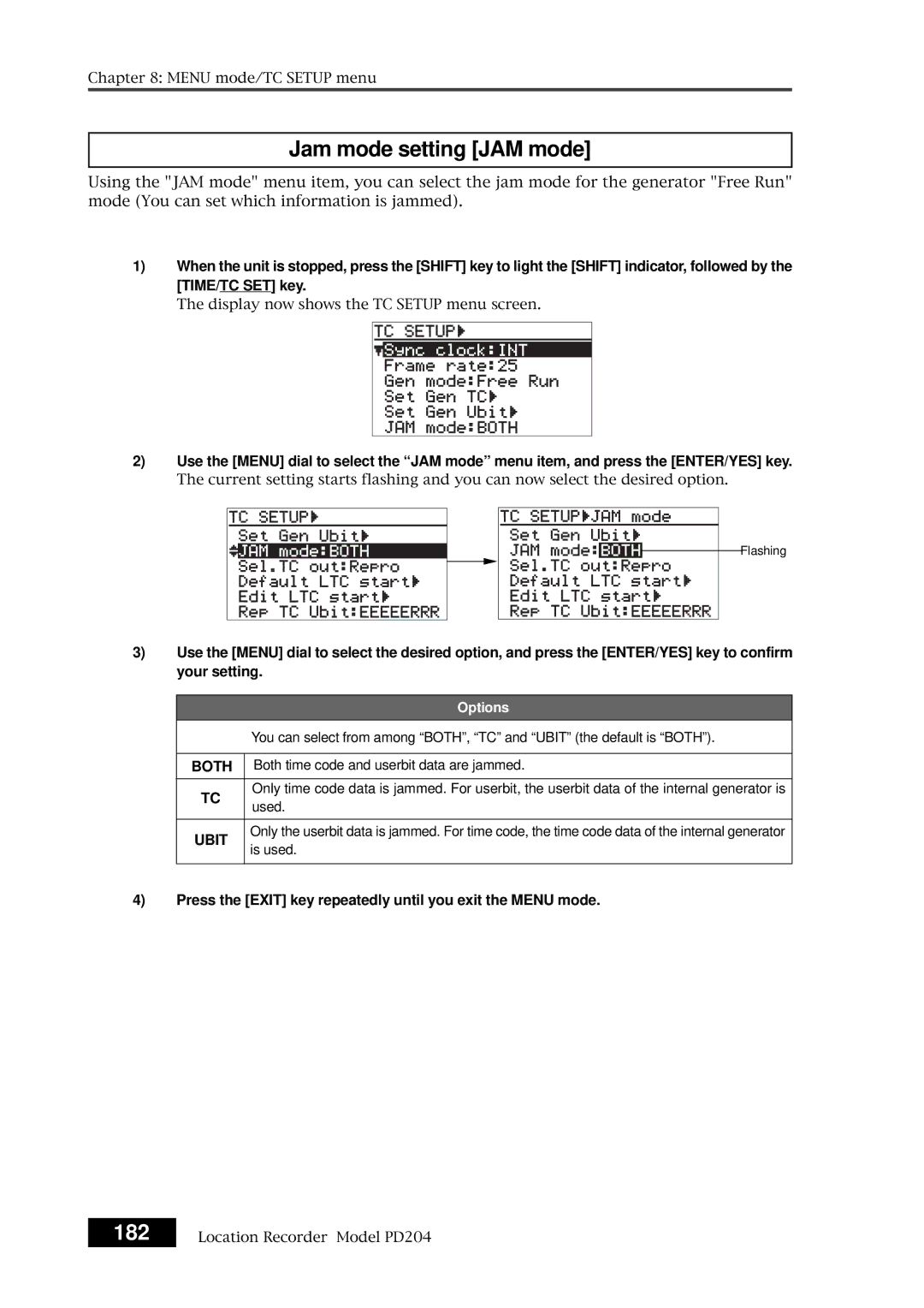 Fostex PD204 owner manual Jam mode setting JAM mode, 182 