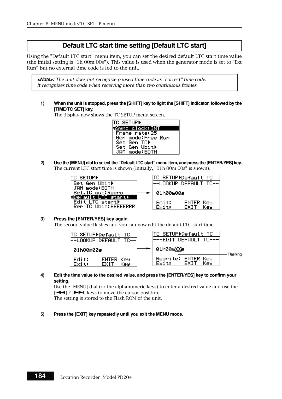 Fostex PD204 owner manual Default LTC start time setting Default LTC start, 184, Press the ENTER/YES key again 
