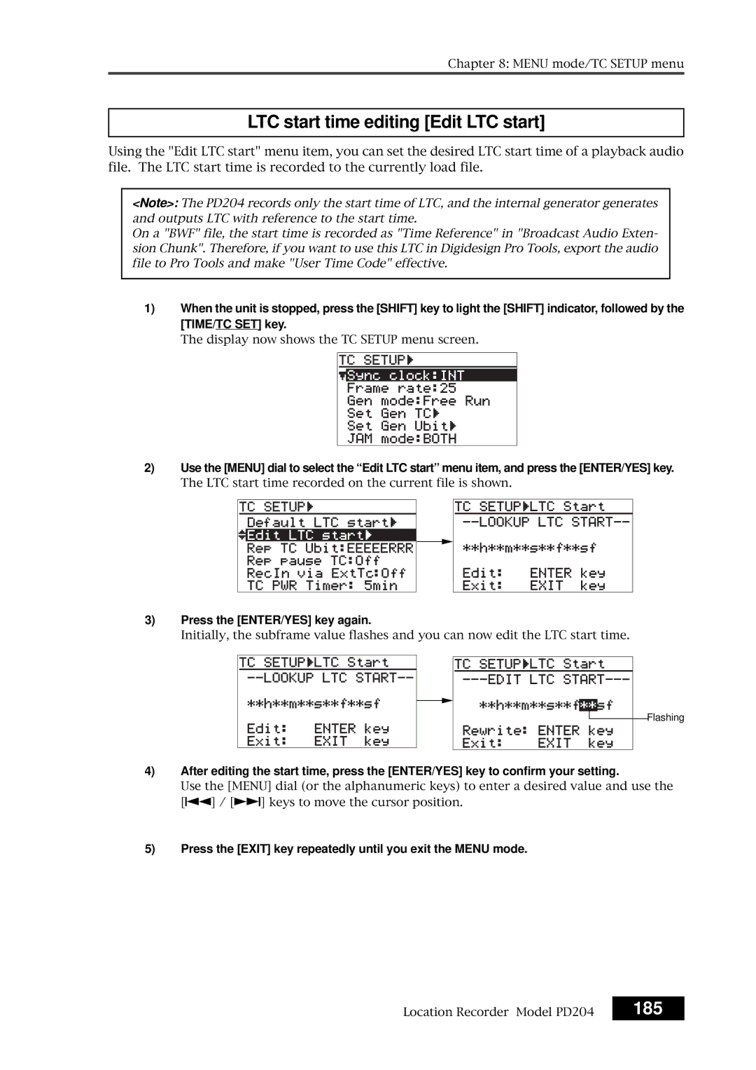 Fostex PD204 owner manual LTC start time editing Edit LTC start, 185 