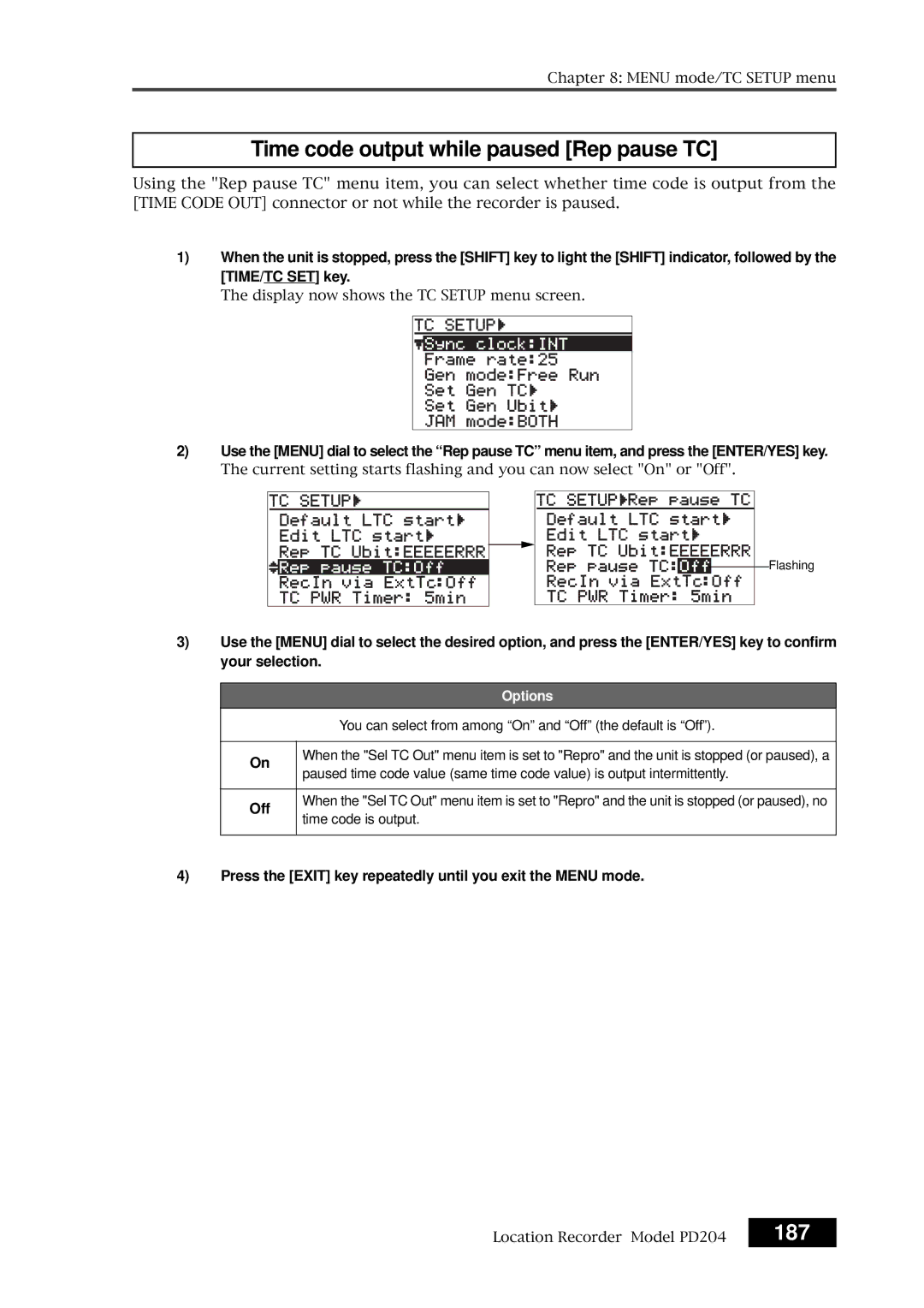 Fostex PD204 owner manual Time code output while paused Rep pause TC, 187, Off 