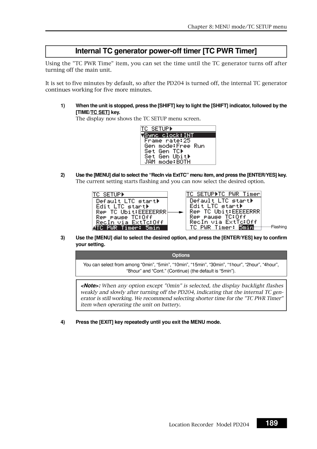 Fostex PD204 owner manual Internal TC generator power-off timer TC PWR Timer, 189 