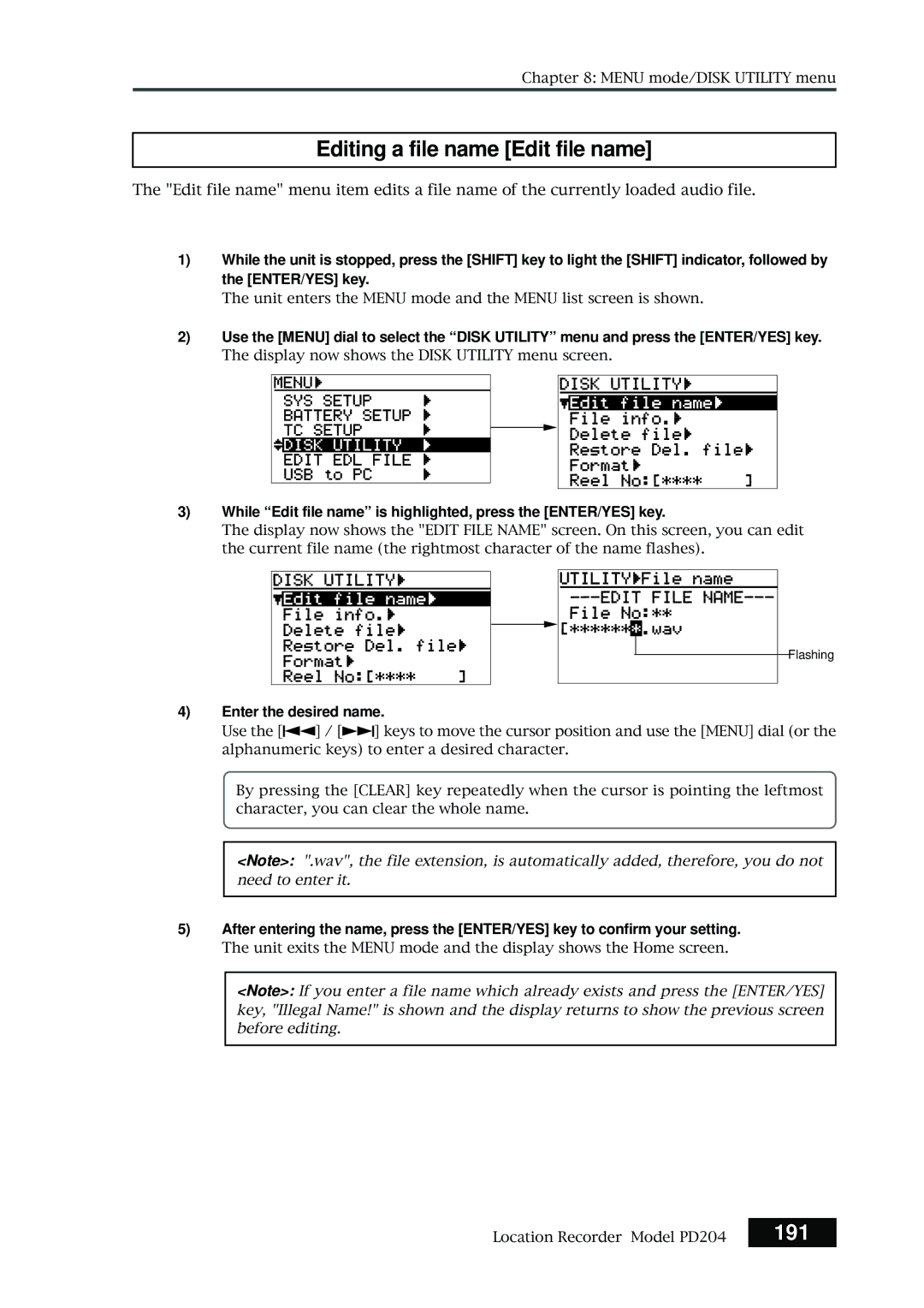 Fostex PD204 owner manual Editing a file name Edit file name, 191, Enter the desired name 