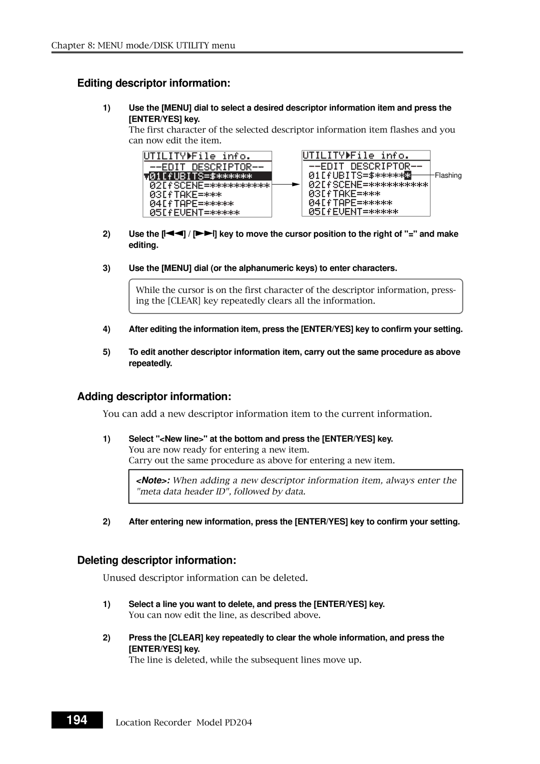 Fostex PD204 194, Editing descriptor information, Adding descriptor information, Deleting descriptor information 