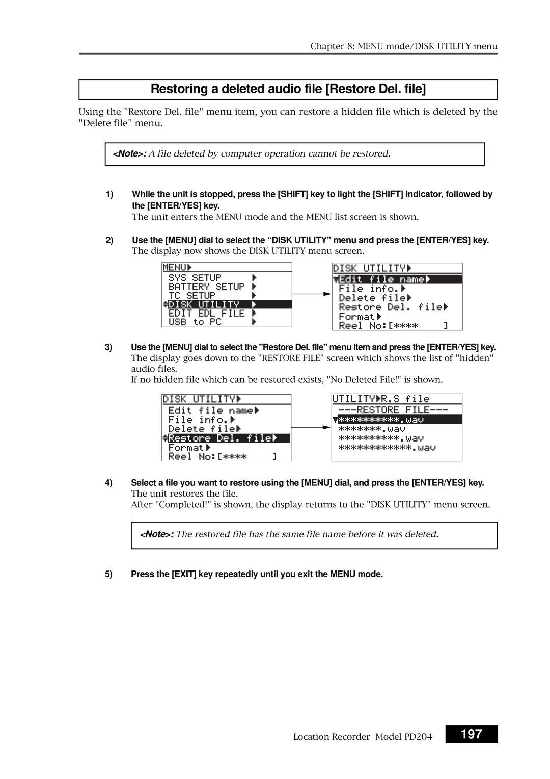 Fostex PD204 owner manual Restoring a deleted audio file Restore Del. file, 197 