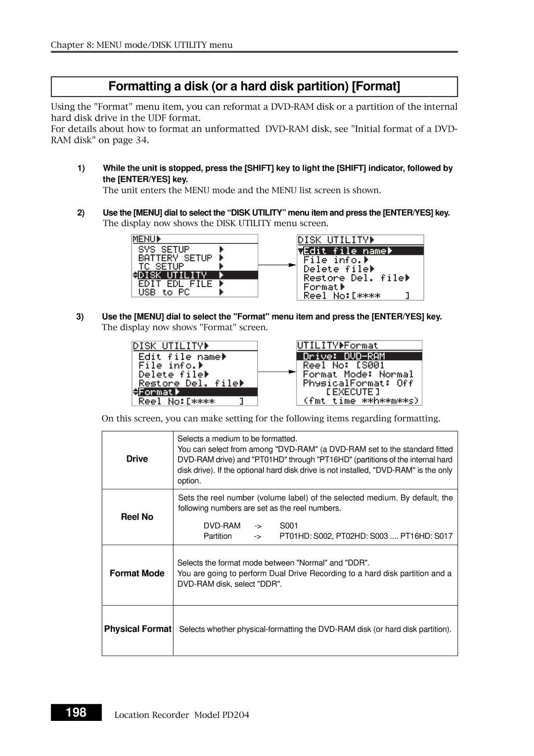 Fostex PD204 owner manual Formatting a disk or a hard disk partition Format, 198, Drive, Format Mode, Physical Format 