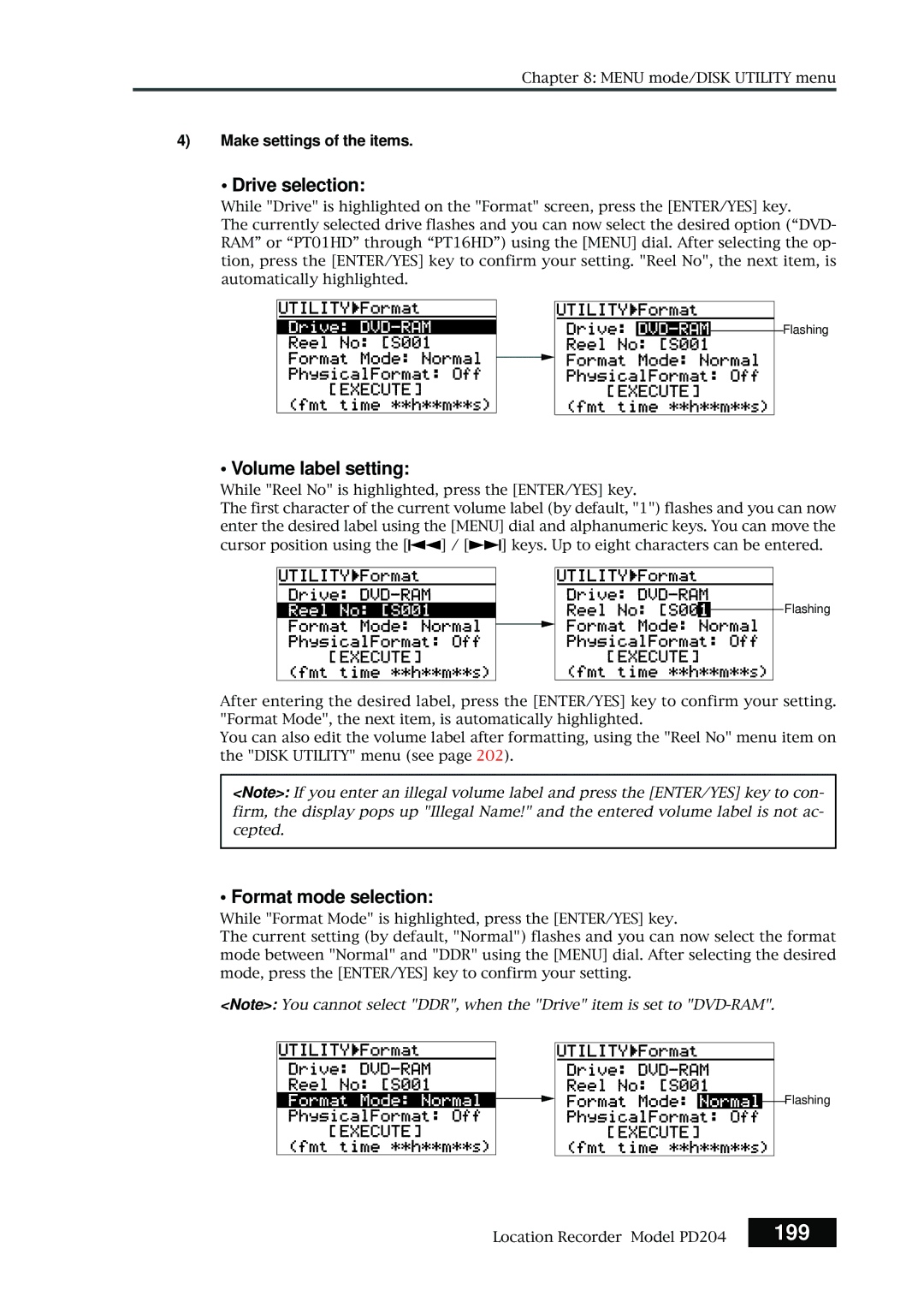 Fostex PD204 owner manual 199, Drive selection, Volume label setting, Format mode selection, Make settings of the items 