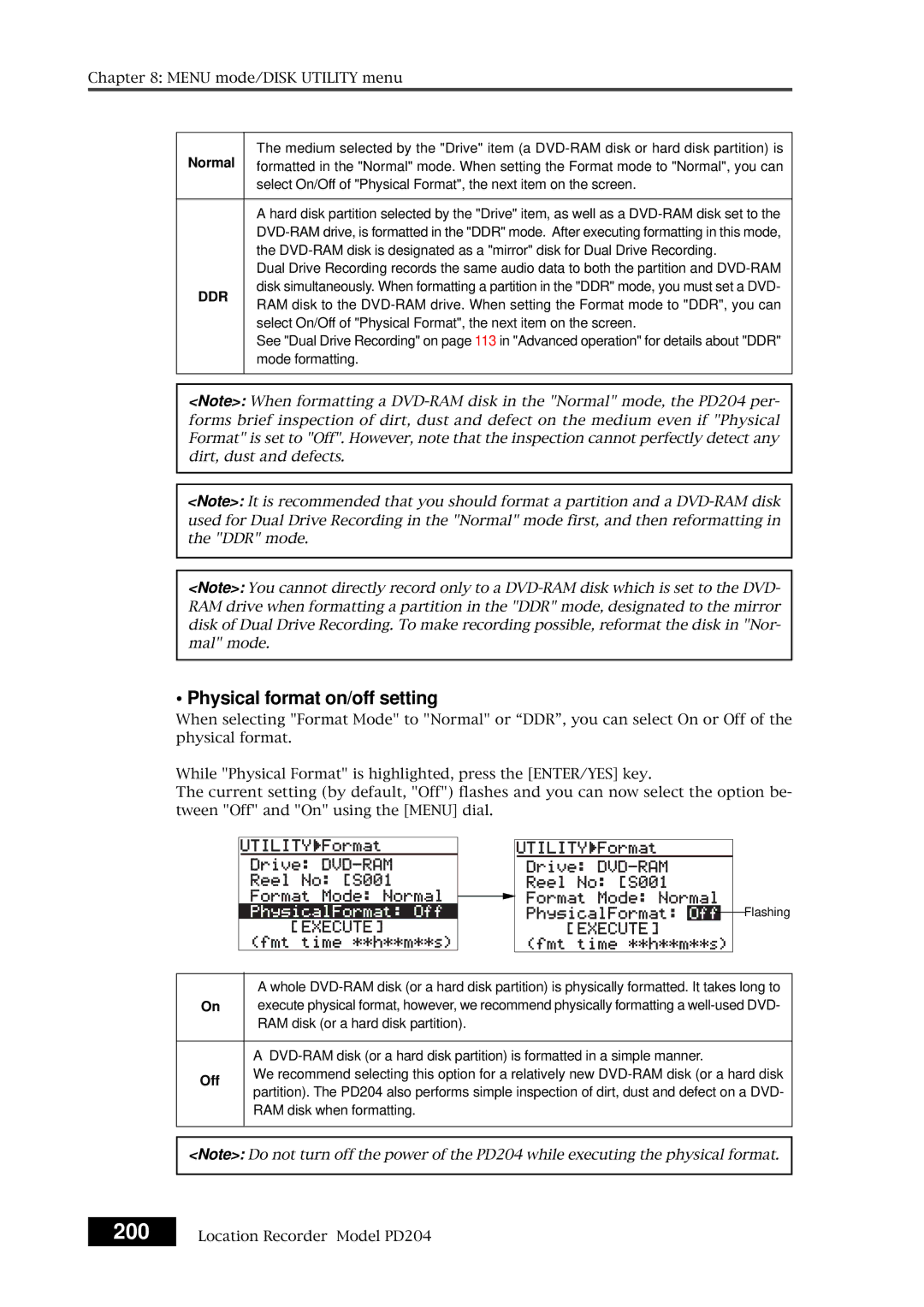 Fostex PD204 owner manual 200, Physical format on/off setting, Normal 