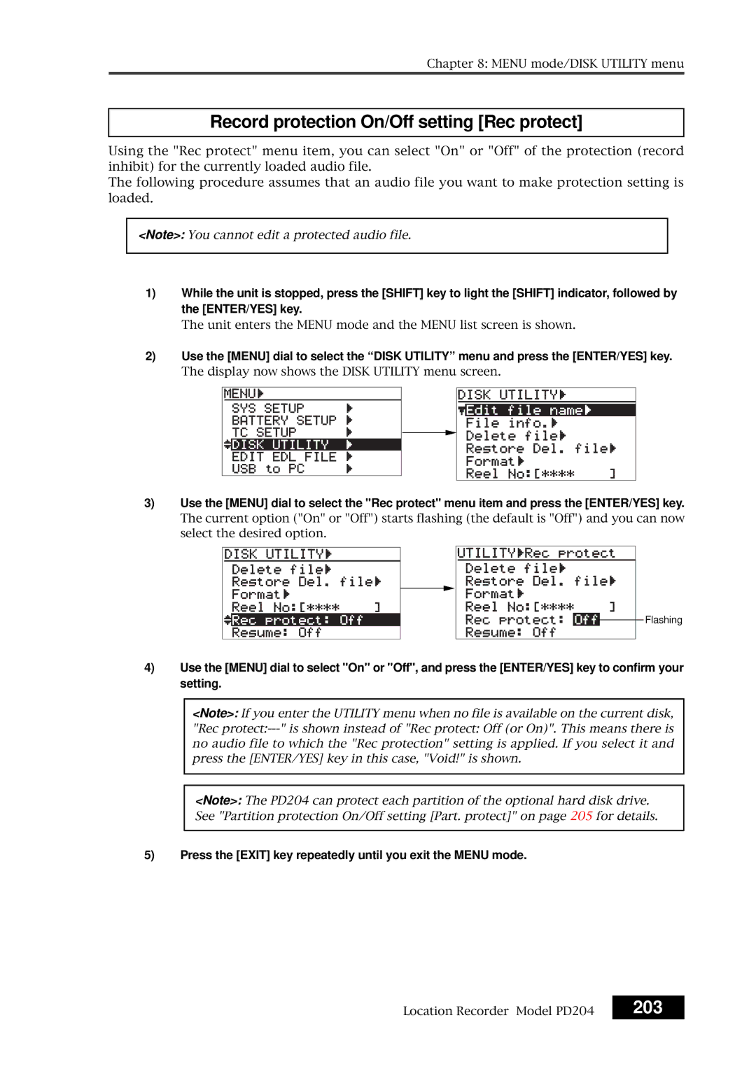 Fostex PD204 owner manual Record protection On/Off setting Rec protect, 203 