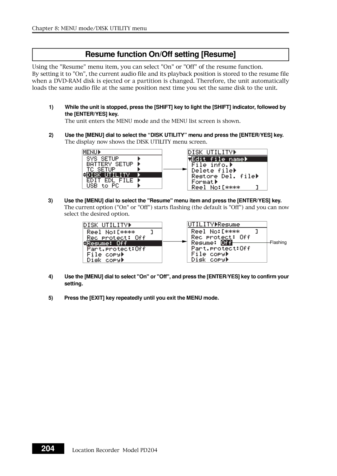 Fostex PD204 owner manual Resume function On/Off setting Resume 