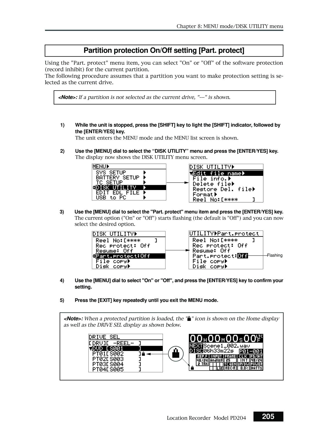 Fostex PD204 owner manual Partition protection On/Off setting Part. protect, 205 