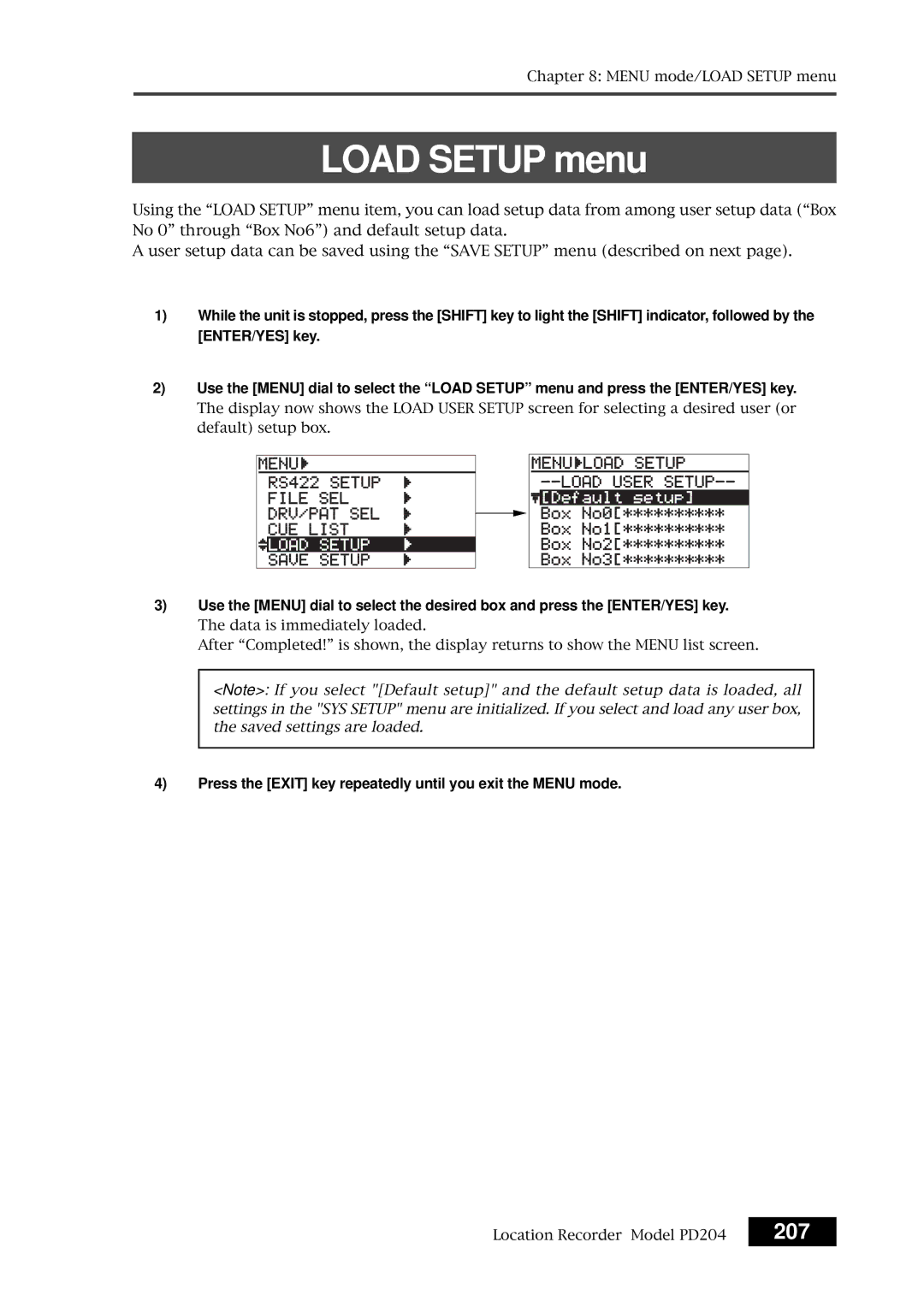 Fostex PD204 owner manual Load Setup menu, 207 