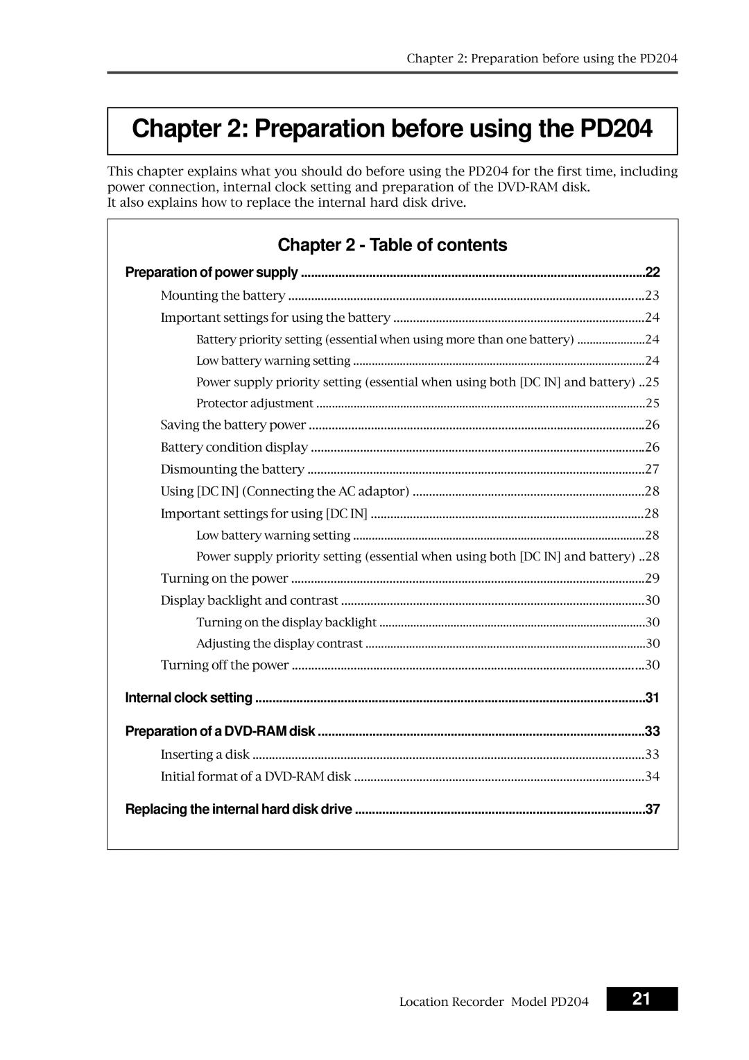 Fostex owner manual Preparation before using the PD204, Table of contents 