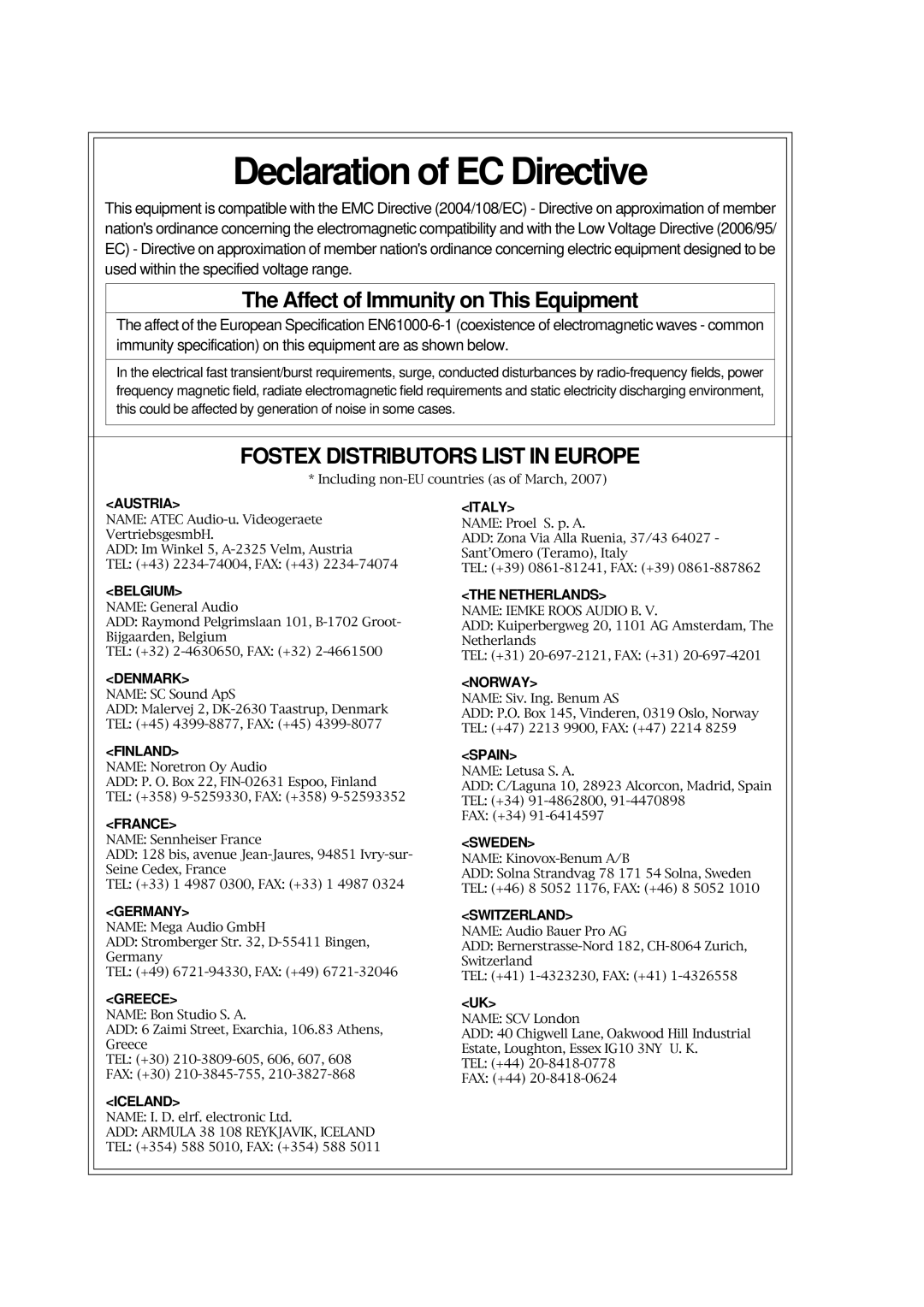 Fostex PD204 owner manual Declaration of EC Directive, Affect of Immunity on This Equipment 