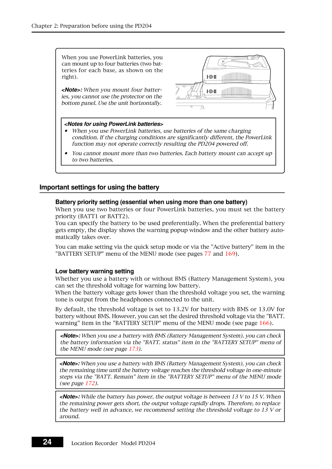 Fostex PD204 owner manual Important settings for using the battery, Low battery warning setting 