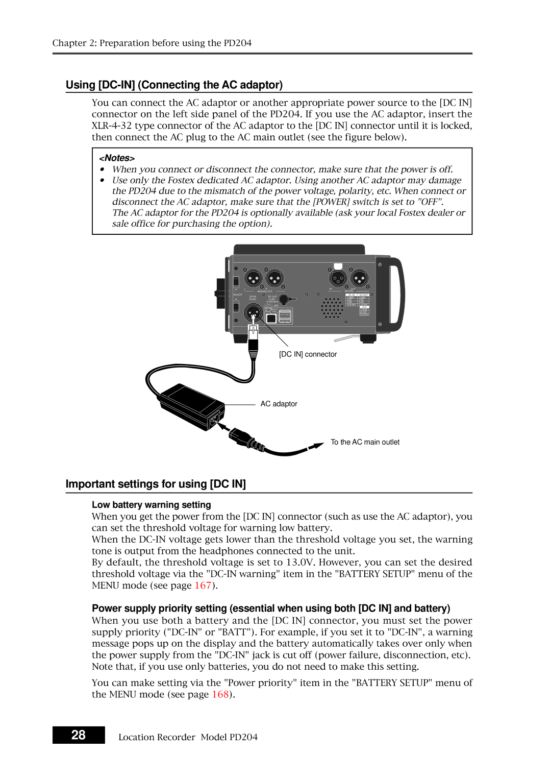 Fostex PD204 Using DC-IN Connecting the AC adaptor, Important settings for using DC, Low battery warning setting 